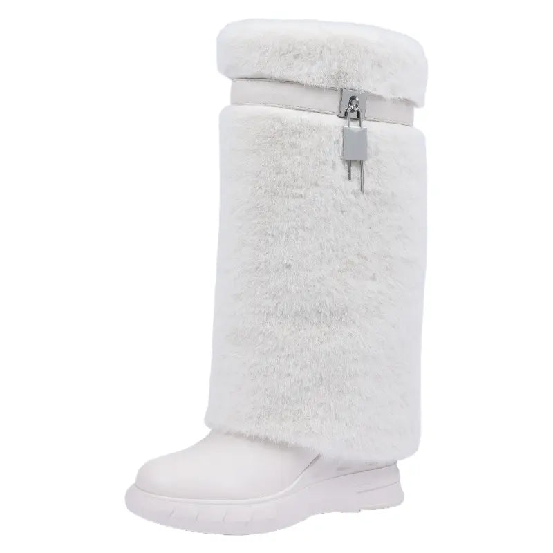 Women'S Knee High Platform Boots Metal Lock Key Design Snow Boots Furry Fur Style Foldable Boots Girl Footwear Boots for Fall Fur Boots