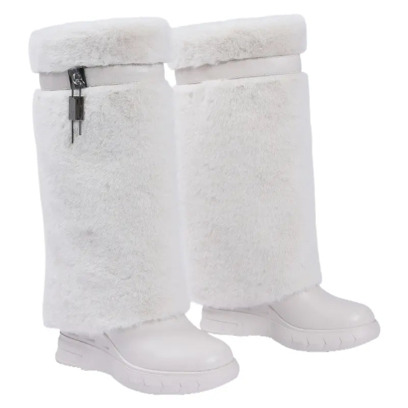 Women'S Knee High Platform Boots Metal Lock Key Design Snow Boots Furry Fur Style Foldable Boots Girl Footwear Boots for Fall Fur Boots