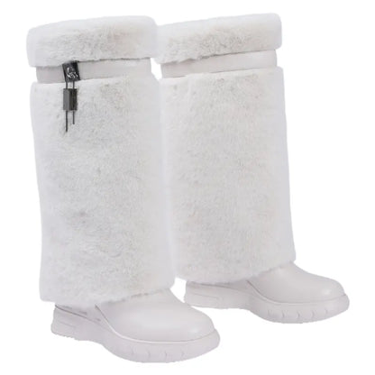 Women'S Knee High Platform Boots Metal Lock Key Design Snow Boots Furry Fur Style Foldable Boots Girl Footwear Boots for Fall Fur Boots