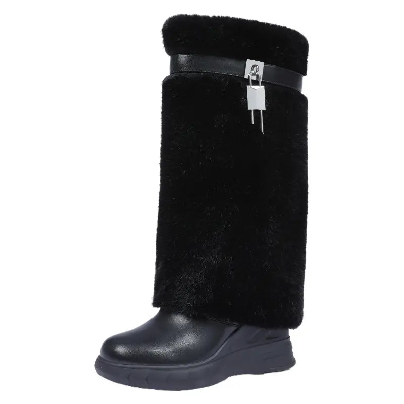 Women'S Knee High Platform Boots Metal Lock Key Design Snow Boots Furry Fur Style Foldable Boots Girl Footwear Boots for Fall Fur Boots