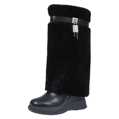 Women'S Knee High Platform Boots Metal Lock Key Design Snow Boots Furry Fur Style Foldable Boots Girl Footwear Boots for Fall Fur Boots