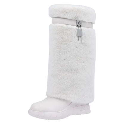 Women'S Knee High Platform Boots Metal Lock Key Design Snow Boots Furry Fur Style Foldable Boots Girl Footwear Boots for Fall Fur Boots