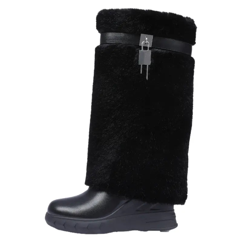 Women'S Knee High Platform Boots Metal Lock Key Design Snow Boots Furry Fur Style Foldable Boots Girl Footwear Boots for Fall Fur Boots