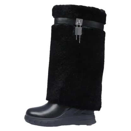 Women'S Knee High Platform Boots Metal Lock Key Design Snow Boots Furry Fur Style Foldable Boots Girl Footwear Boots for Fall Fur Boots