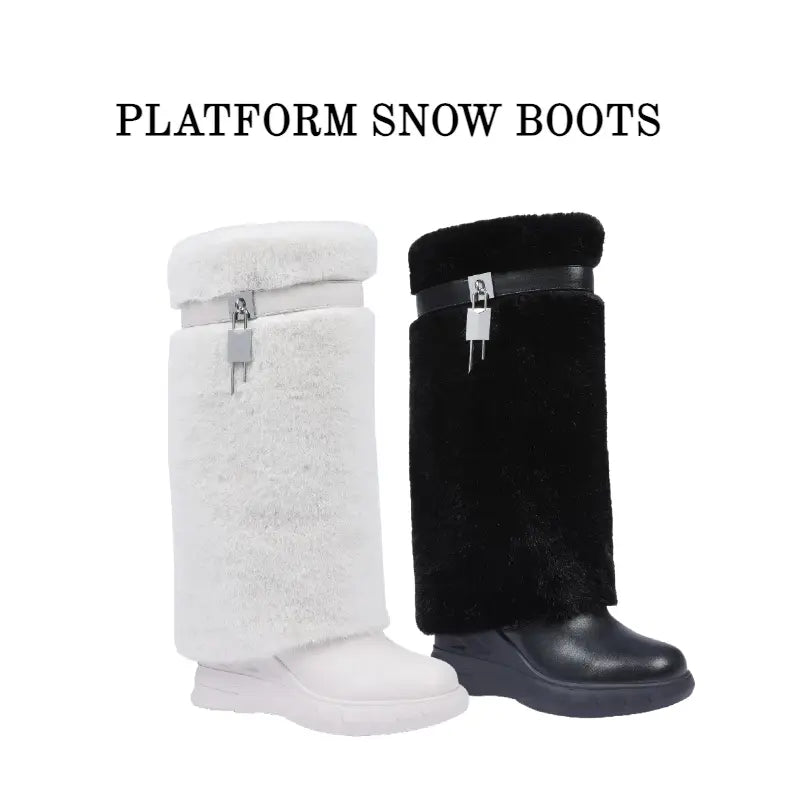 Women'S Knee High Platform Boots Metal Lock Key Design Snow Boots Furry Fur Style Foldable Boots Girl Footwear Boots for Fall Fur Boots