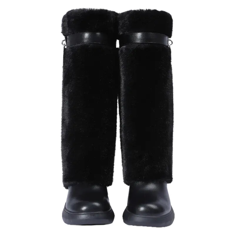 Women'S Knee High Platform Boots Metal Lock Key Design Snow Boots Furry Fur Style Foldable Boots Girl Footwear Boots for Fall Fur Boots