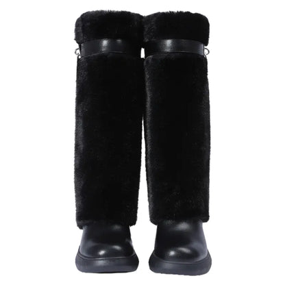 Women'S Knee High Platform Boots Metal Lock Key Design Snow Boots Furry Fur Style Foldable Boots Girl Footwear Boots for Fall Fur Boots