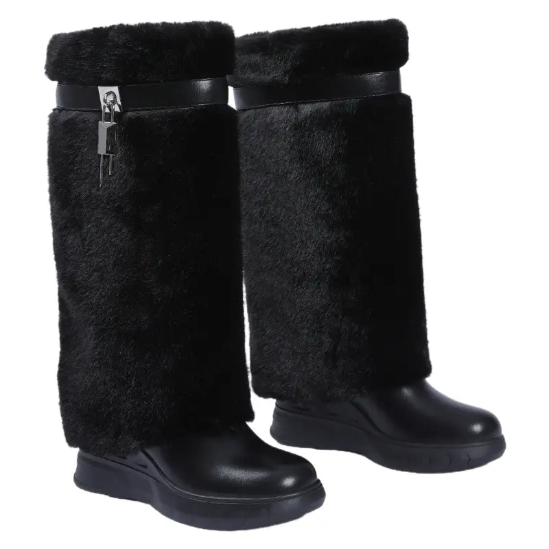 Women'S Knee High Platform Boots Metal Lock Key Design Snow Boots Furry Fur Style Foldable Boots Girl Footwear Boots for Fall Fur Boots