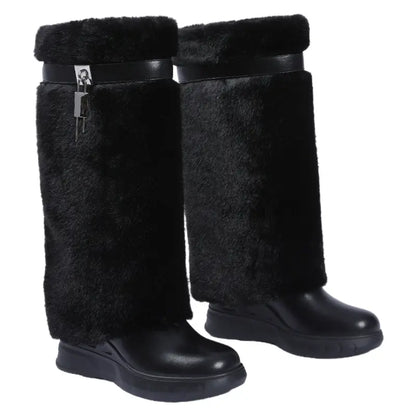 Women'S Knee High Platform Boots Metal Lock Key Design Snow Boots Furry Fur Style Foldable Boots Girl Footwear Boots for Fall Fur Boots