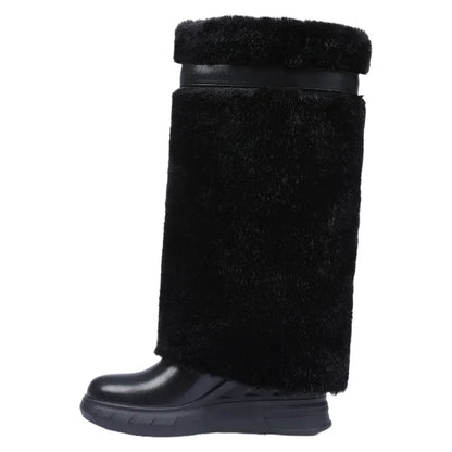 Women'S Knee High Platform Boots Metal Lock Key Design Snow Boots Furry Fur Style Foldable Boots Girl Footwear Boots for Fall Fur Boots