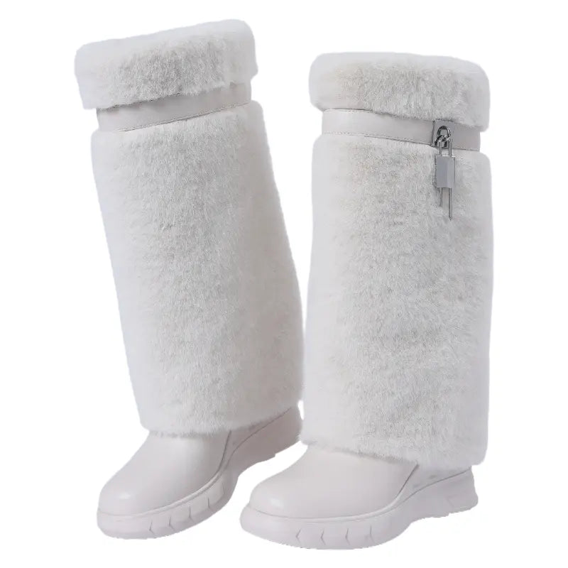 Women'S Knee High Platform Boots Metal Lock Key Design Snow Boots Furry Fur Style Foldable Boots Girl Footwear Boots for Fall Fur Boots