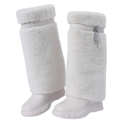 Women'S Knee High Platform Boots Metal Lock Key Design Snow Boots Furry Fur Style Foldable Boots Girl Footwear Boots for Fall Fur Boots