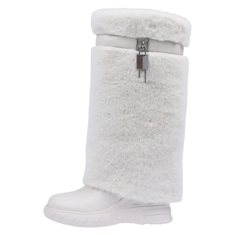 Women'S Knee High Platform Boots Metal Lock Key Design Snow Boots Furry Fur Style Foldable Boots Girl Footwear Boots for Fall Fur Boots